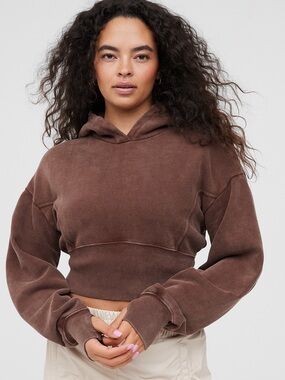 OFFLINE By Aerie Throw-Back Cropped Hoodie Women’s Size XS Brown Athletic Hoodie